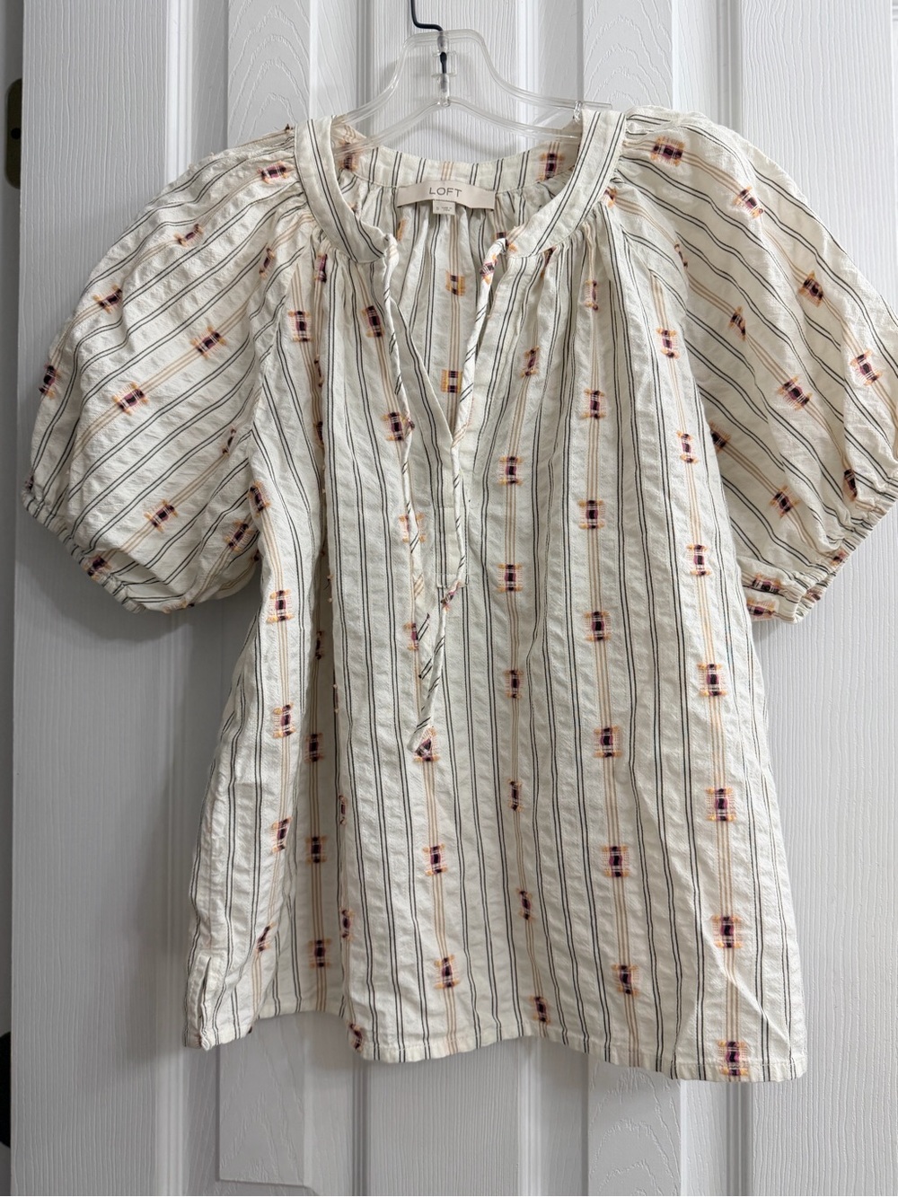 LOFT Cream Striped Puff-Sleeve Tie-Neck Blouse